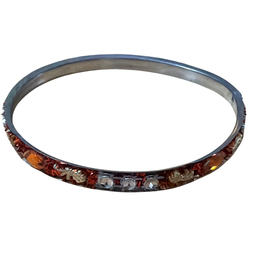 Autumn Rhinestone Leaf Bangle Bracelet Silver Tone Orange‎ Amber Clear